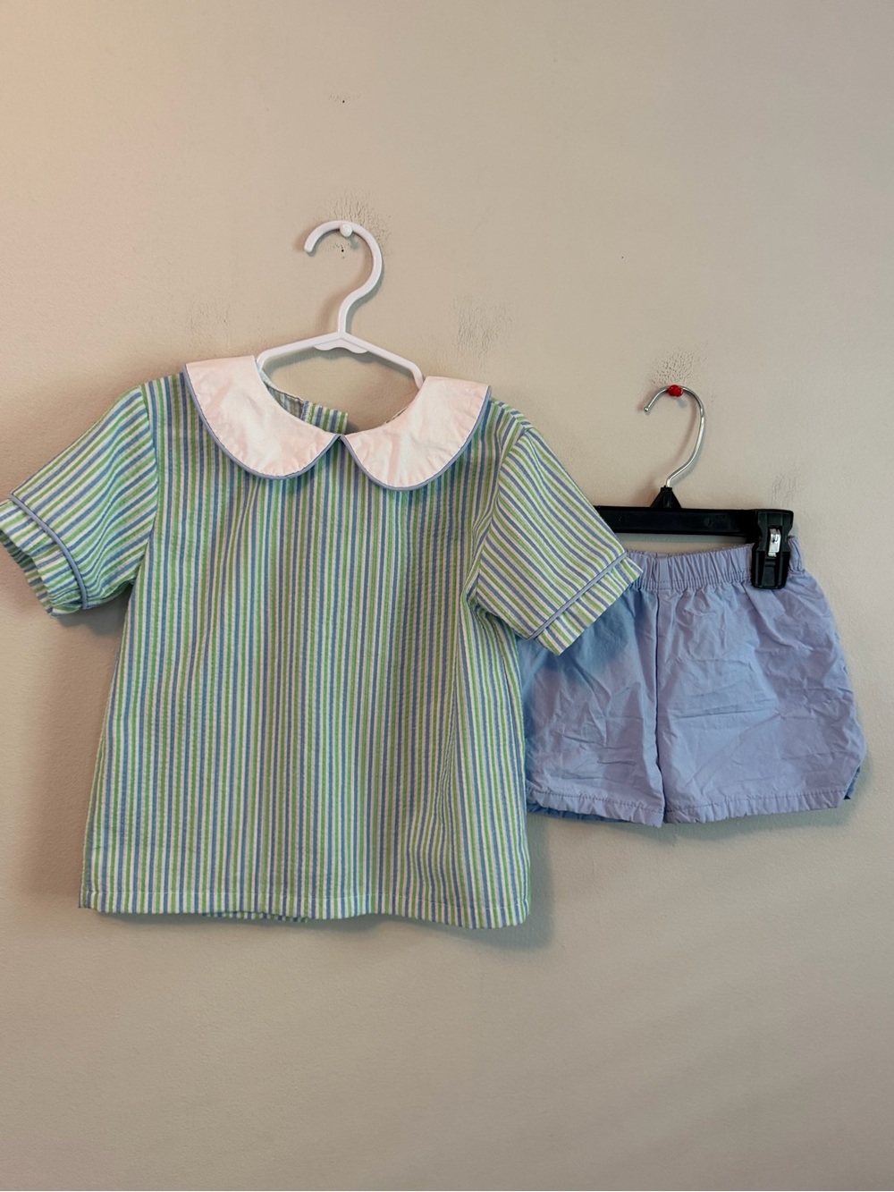 Cecil and Lou Two-Piece Pastel Striped Top & Light Blue Shorts